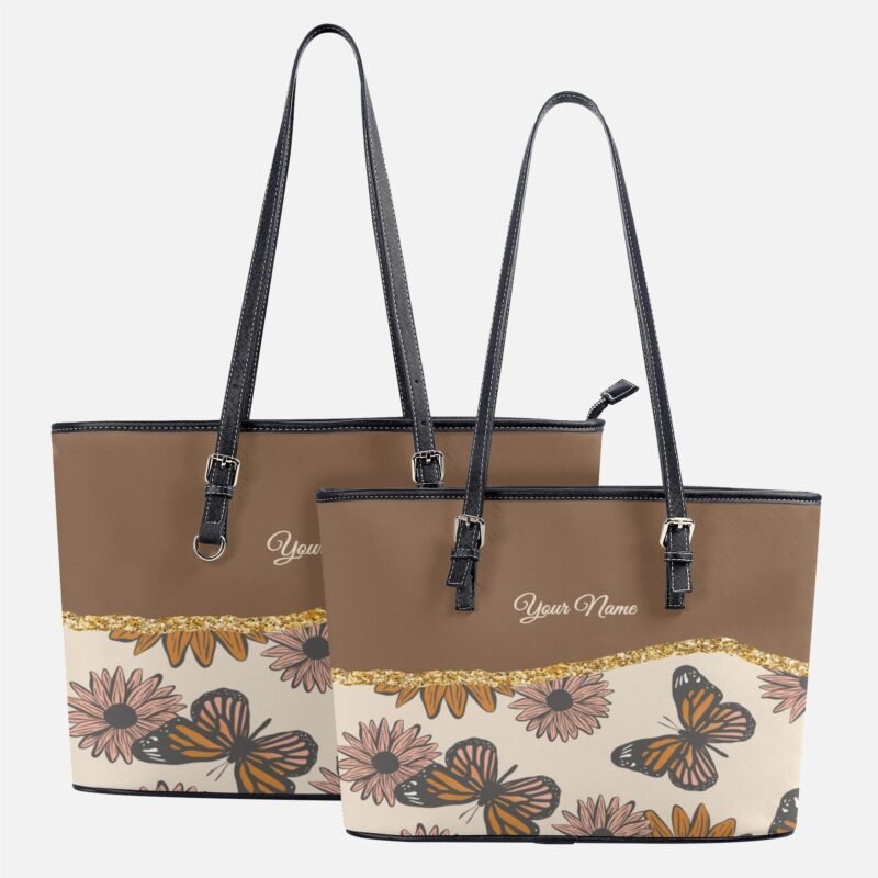 Fashion PU Tote Bags - Brown Flowers and Butterflies - Image 5