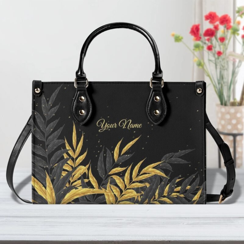 Custom Name Woman Handbag - Golden Palm Leaves - Image 3