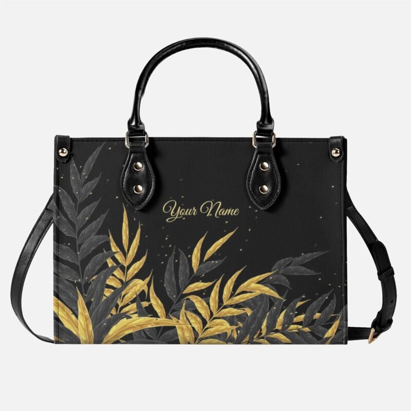 Custom Name Woman Handbag - Golden Palm Leaves